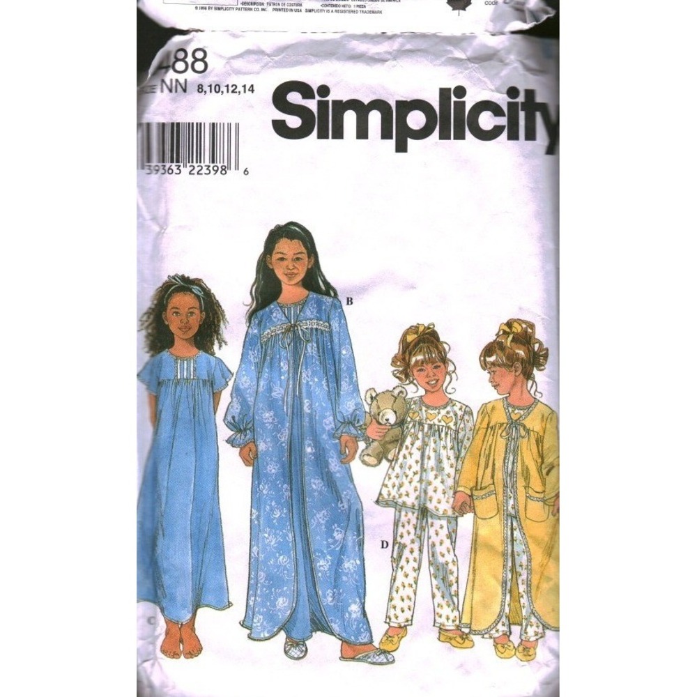 Simplicity 8488 Girls Sleepwear Pattern Nightgown Robe‎ Pajamas Size 8-14 cut